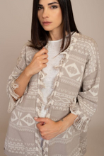 ¾ sleeve jacquard cardigan with fringes
